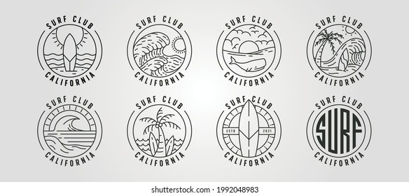 set of line art california surf club icon logo vector illustration design, ocean landscape minimal logo design