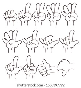 Set Of Line Art Cartoon Hand Sign Collections. Various Hand Gestures. Comic Cartoon Style Hand Counting. Isolated flat vector illustration