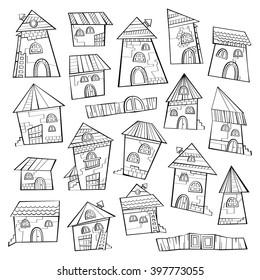 Set of line art cartoon vector houses
