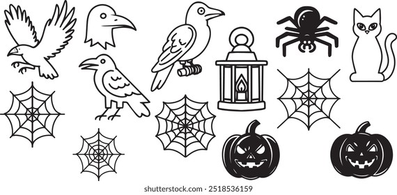 Set line art cat contour animal drawing raven bird clipart halloween holiday party Witch minimalist icon spider web lantern prop Gothic sticker design element outline scary theme creepy character item