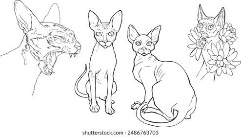 Set Line art cat detailed simple drawing cartoon realistic character coloring book pet product brutalism design illustration screaming yawning open mouth angry kitten back view linear contour outline