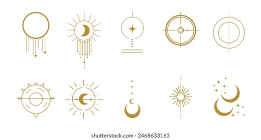 Set of line art celestial and esoteric icons, vector illustration, white isolated background, gold color palette, thin lines, simple shapes, minimalistic design elements, moon phases,