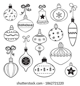 Set of line art Christmas ornaments hanging on ribbons. Vintage  decorative baubles isolated on white. Retro hand drawn style designs for Christmas and New Year, cards, invitations, giftware.