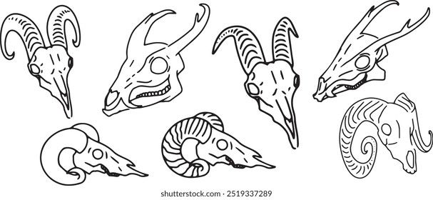 Set Line Art Clip art llustration skull Ink linear drawing in western style coloring. Engraving of occult non-living creature ritual. Modern print, design element dead animal contour deceased cattle