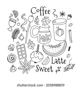 Set of line art cold weather vector clip art with cozy lettering, pumpkin latte, sweets, leaves and snowflakes in flat doodle style