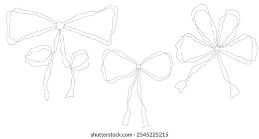 Set of line art coquette girly vintage bow. Bow for hair decor flat. Ribbons isolated. Trendy girls accessories. Cute hairstyle elements collection