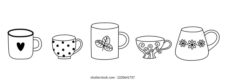 Set of line art cups for tea or coffee. Hand drawn doodle style design. Isolated vector illustration