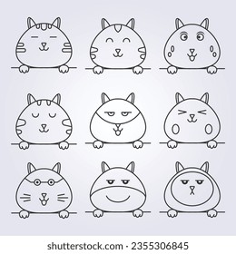 Set Line art Cute cat faces, kitten or kitty animal emoticons stickers vector illustration design