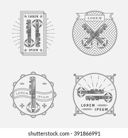 Set of Line Art Decorative Geometric Vector Frames and Sitar image. Vector Illustration.  Vintage Decorating Logos.