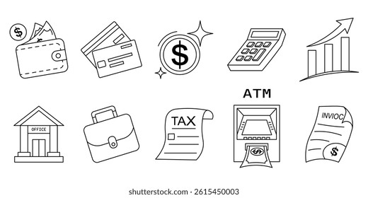 A set of line art depicting business and finance elements. Icons of wallet, credit card, dollar sign, calculator, graph, office, briefcase, tax, ATM and invoice. Editable strokes