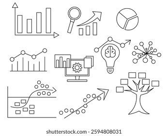 A set of line art depicting machine learning algorithms, data science, predictive analytics, artificial intelligence, decision trees, neural networks. editable line art