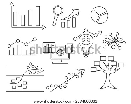 A set of line art depicting machine learning algorithms, data science, predictive analytics, artificial intelligence, decision trees, neural networks. editable line art