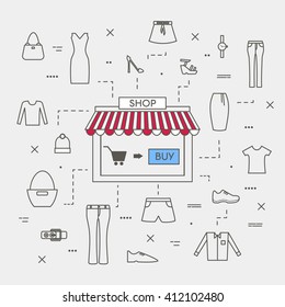 Set of Line Art Design Concept Icons of Online Shopping, For Web and Mobile Phone Services and Apps. Clothes and Accessories Linear Icons Set. Flat vector.