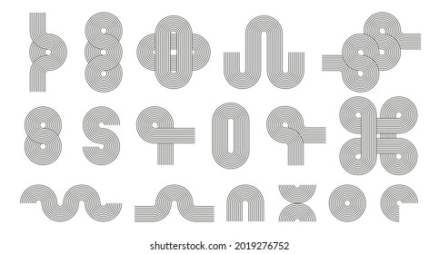 Set Of Line Art Design Elements. Circle, Arch, Wave. Mid Century, Boho Abstract Compositions. Optical Illusion Shapes. 