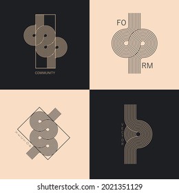 Set of line art design elements. Knot, arch, wave. Mid century, boho abstract compositions. Optical illusion shapes. Logo, branding, packaging concept.