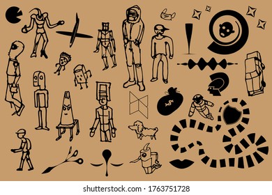 A set of line art doodle, Alien and Human figure with variety of objects