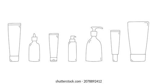 Set of line art doodle bottles and tubes. Cosmetic and skincare products. Isolated vector illustration 