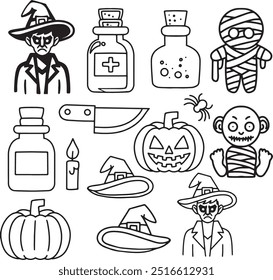 Set line art drawing clipart halloween holiday party invitation Witch minimalist icons magic item prop Gothic sticker design elements occult scary theme monster outline pumpkin contour creature design