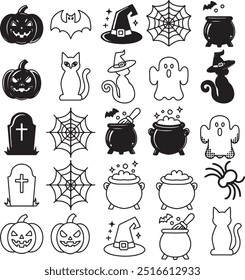 Set line art drawing clipart halloween holiday party Witch minimalist icons magic item prop Gothic sticker design element occult scary theme monster outline black cat outline ghost creature design web