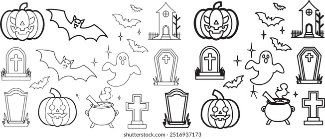 Set line art drawing clipart halloween holiday party invitation Witch minimalist icons magic item prop Gothic sticker design elements occult scary theme monster outline pumpkin contour creature design