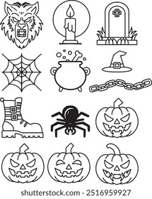 Set line art drawing clipart halloween holiday party invitation Witch minimalist icons magic item prop Gothic sticker design elements occult scary theme monster outline pumpkin contour creature design