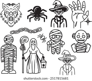 Set line art drawing clipart halloween holiday party invitation Witch minimalist icons magic item prop Gothic sticker design elements occult scary theme monster outline pumpkin contour creature design