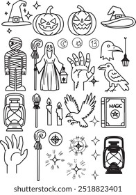 Set line art drawing clipart halloween holiday party invitation Witch minimalist icons magic item prop Gothic sticker design elements occult scary theme monster outline pumpkin contour creature design