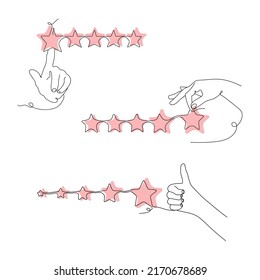 Set of Line art drawing Hands with Stars for Ratings, Reviews, testimonials. Hands show Star Rating. Icon for Ratings, Reviews, feedback. Vector illustration.