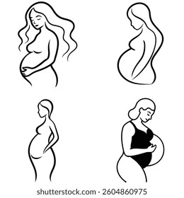 Set of Line Art Drawing of a Pregnant Woman Cradling Her Belly illustration