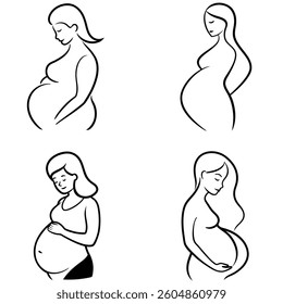 Set of Line Art Drawing of a Pregnant Woman Cradling Her Belly illustration
