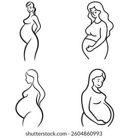 Set of Line Art Drawing of a Pregnant Woman Cradling Her Belly illustration