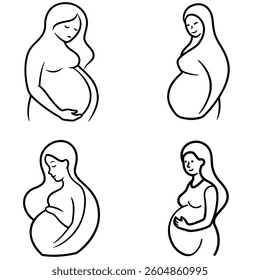 Set of Line Art Drawing of a Pregnant Woman Cradling Her Belly illustration