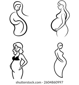 Set of Line Art Drawing of a Pregnant Woman Cradling Her Belly illustration