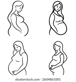 Set of Line Art Drawing of a Pregnant Woman Cradling Her Belly illustration