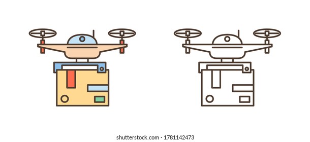 Set von Line Art Drohnen mit Paket Box. Lieferservice durch modernes elektronisches Gerät. Fliegendes Gadget, Postkuriertechnologie. Flache Vektorgrafik einzeln auf weißem Hintergrund