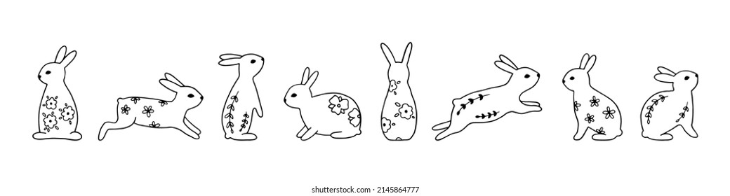 Set of line art Easter bunnies with floral elements in black. Hand drawn vector collection with cute festive rabbits for spring design and Easter holidays. Charming Easter traditional elements