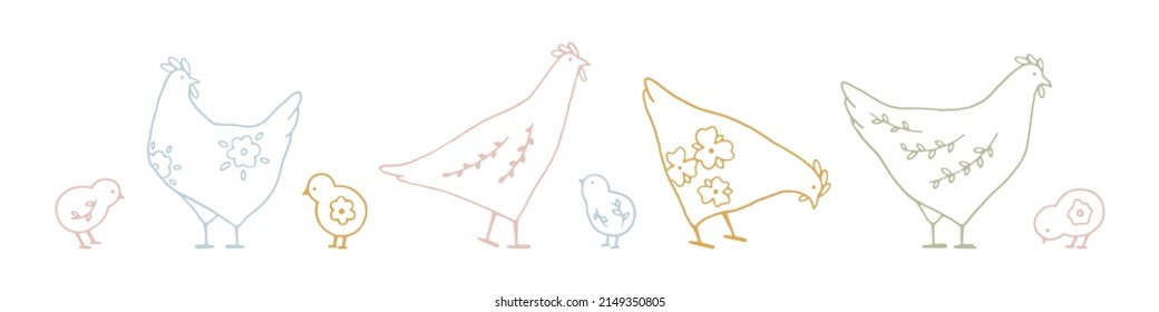 Set of line art Easter chickens with floral elements in pastel color. Hand drawn vector collection with cute festive chicks for spring design and Easter holidays. Charming Easter traditional elements