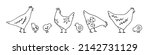 Set of line art Easter chicks with floral elements in black. Hand drawn vector collection with cute festive chickens for spring design and Easter holidays. Charming Easter traditional elements