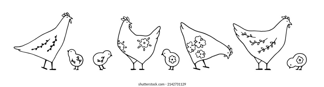 Set of line art Easter chicks with floral elements in black. Hand drawn vector collection with cute festive chickens for spring design and Easter holidays. Charming Easter traditional elements