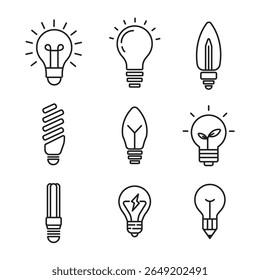 set of line art, editable icons based around the them of light bulbs 