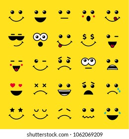 Set of line art emoticons or emoji icons yellow. Smile icons vector illustration isolated on yellow background. Concept for World Smile Day smiling card or banner