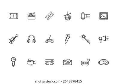 Set line art entertainment icons including film clapper ticket disco ball camera