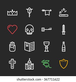 Set of Line Art Flat Vector Fantasy Icons. King, Dragon, Castle, Potion, Sword, Cup