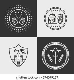 Set of Line Art Flat Vector Fantasy Decorative elements. King and Queen, Dragon, Castle, Love