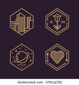 Set of Line Art Flat Vector Decorative elements. Modern City, Space, Love