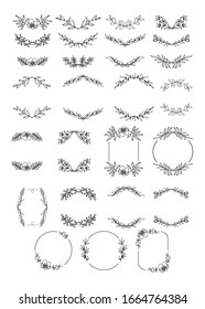 Set of line art floral and leaf frames, wreaths. Vector illustration