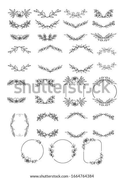 Set of line art floral and leaf frames,\
wreaths. Vector\
illustration