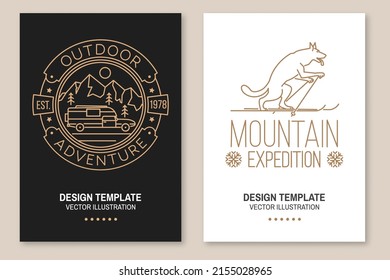 Set of Line art flyer, brochure, banner, poster with camper trailer and mountain Family vacation, activity or travel. Vector. Mountain expedition concept with wolf