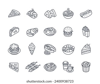 Set of line art food icons. Slice of pizza, ice cream in waffer cone. Hamburger and hot dog. Takeaway eating. Cake and french fries. Linear isometric vector collection isolated on white background