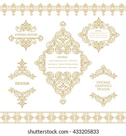 Set of line art frames and borders for design template. Element in Eastern style. Outline floral frames. Mono line decor for invitations, greeting cards, certificate. Vector illustration